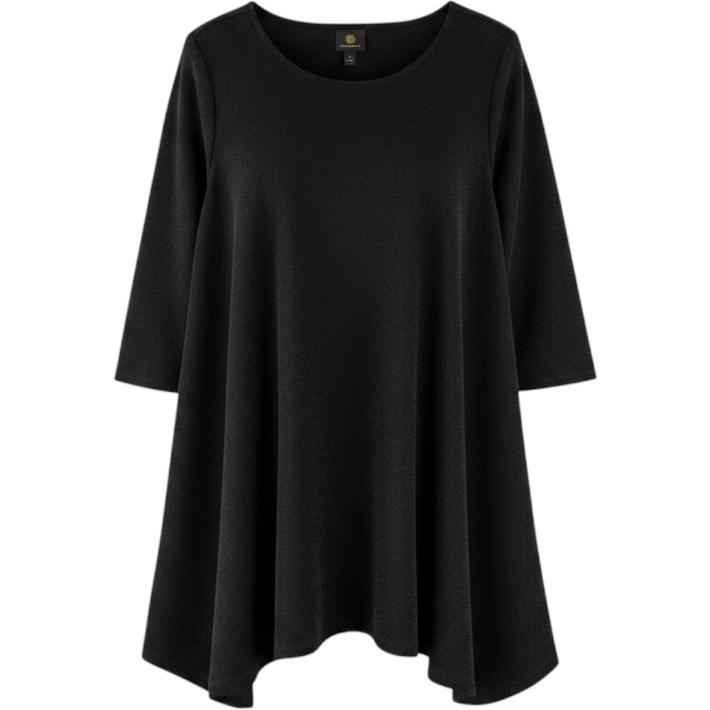Fairy Flowy Black Shimmer Knit Tunic Asymmetrical Hem 3/4 Sleeve Plus Size 3X